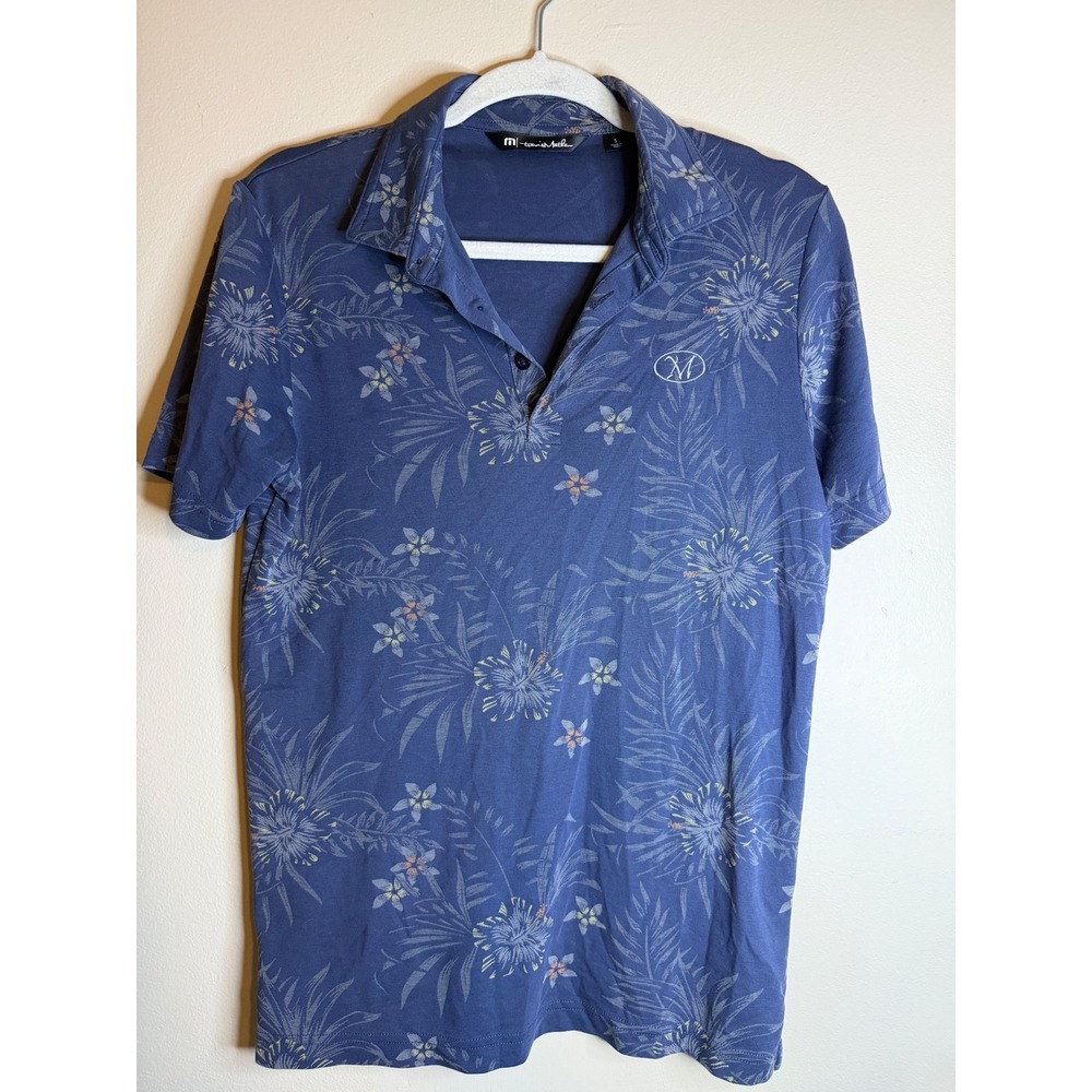 TravisMathew Mens S Floral Golf Polo Blue Pima Cotton Peru Tropical